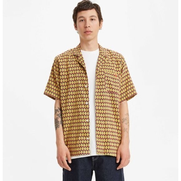 Levi's Cubano Short Sleeve Button Front Shirt All Over Cactus Print Yellow Large - Picture 1 of 11